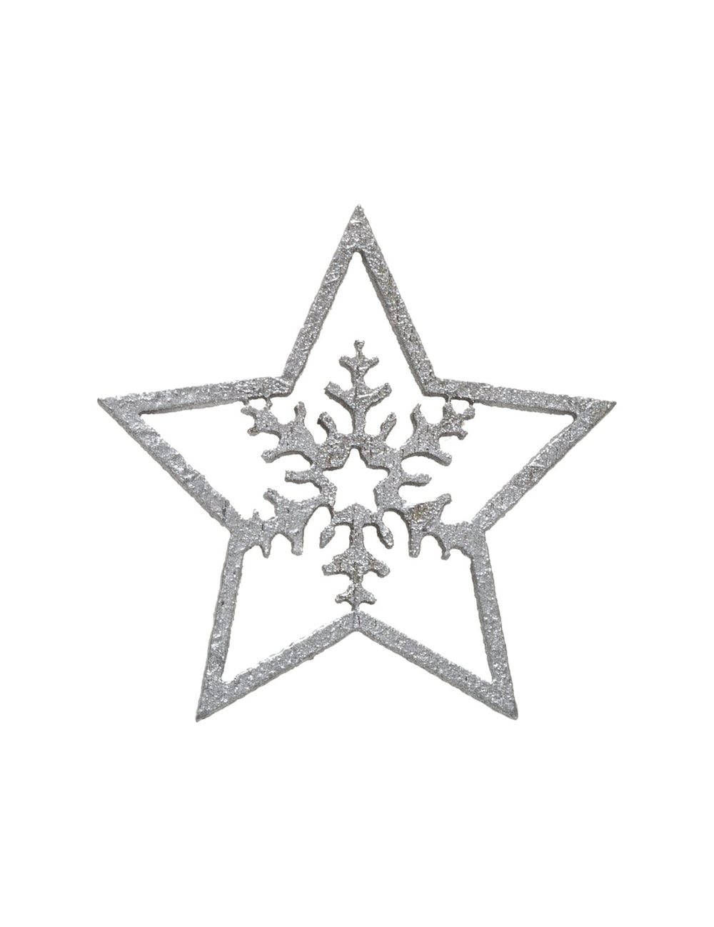 Gros plan sur le motif flocon de neige des décorations étoiles pour table argentées en bois à paillettes