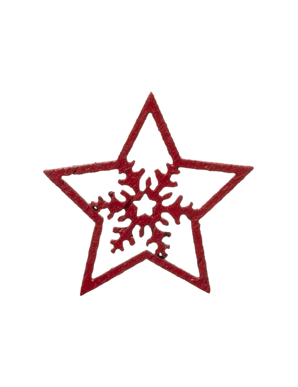 Gros plan sur une étoile des petites décorations étoiles en bois et flocons rouges