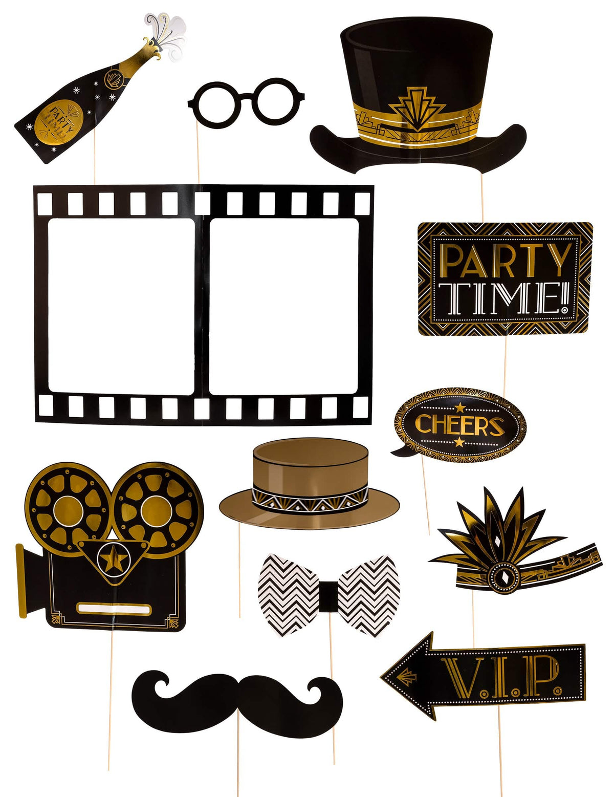 12 acessórios para photobooth hollywood anos loucos e cinema para festa preto e dourado