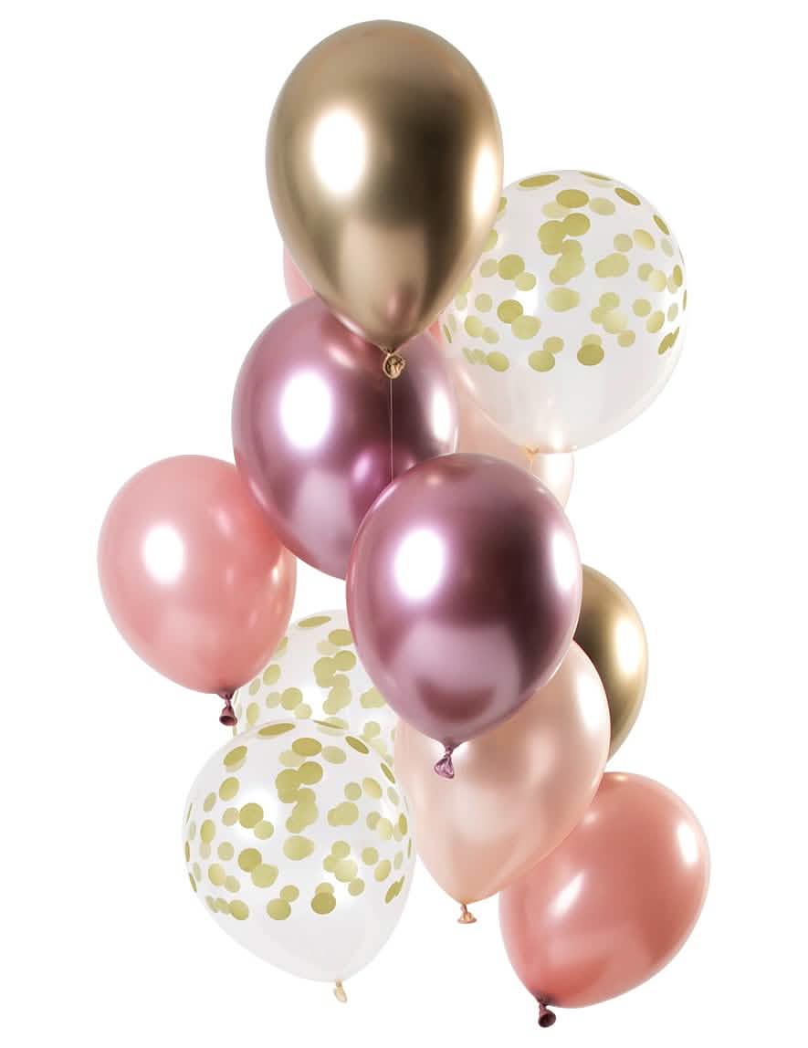 balões em látex ouro rosa e dourado para festa com confettis