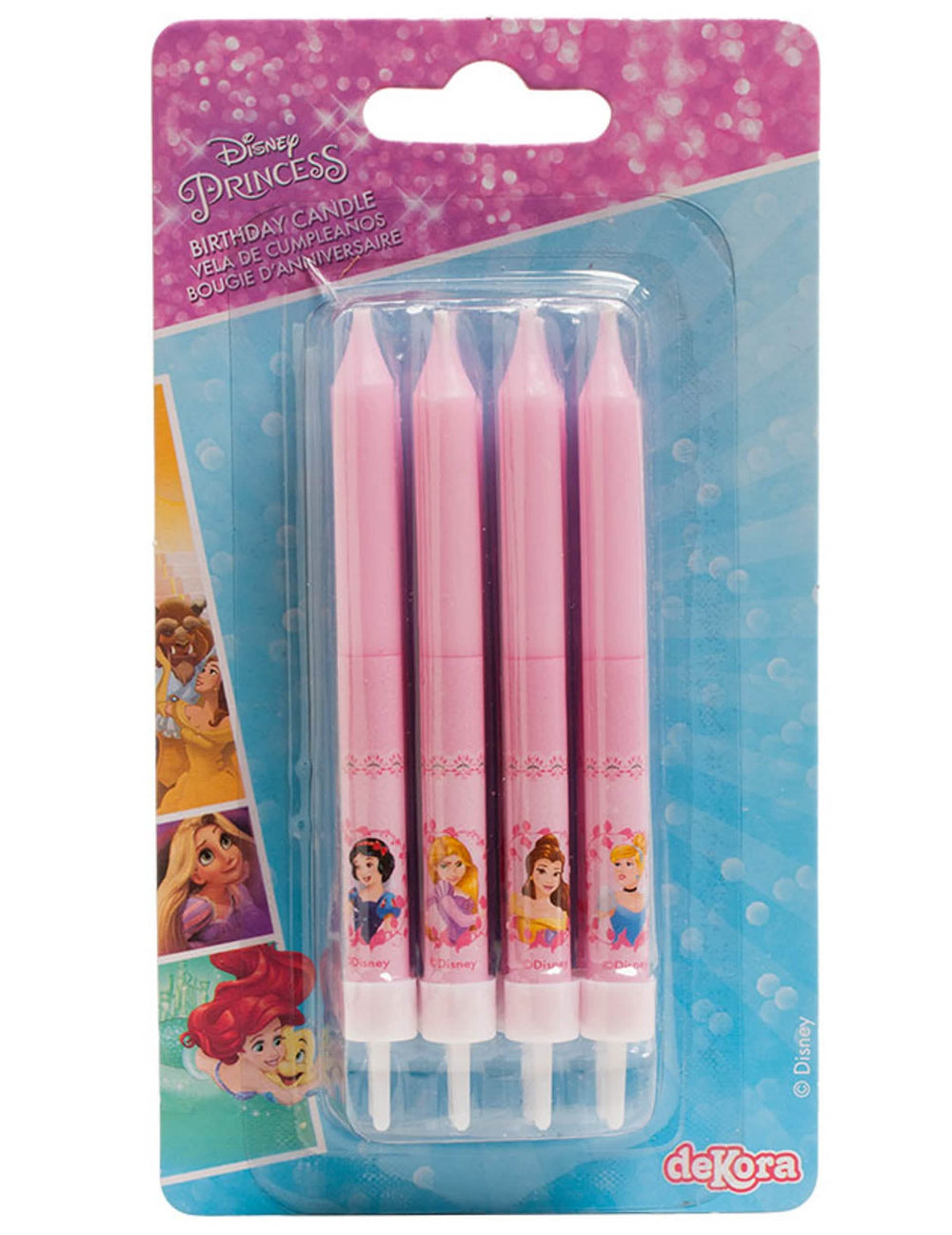 Vista da embalagem das velas de aniversário das princesas Disney