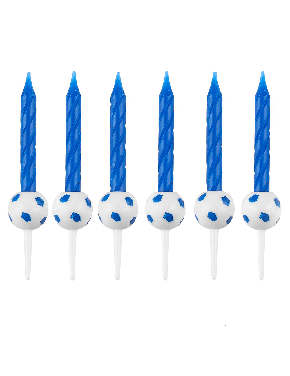Bougies d'anniversaire football pour enfant bleues avec supports ballons