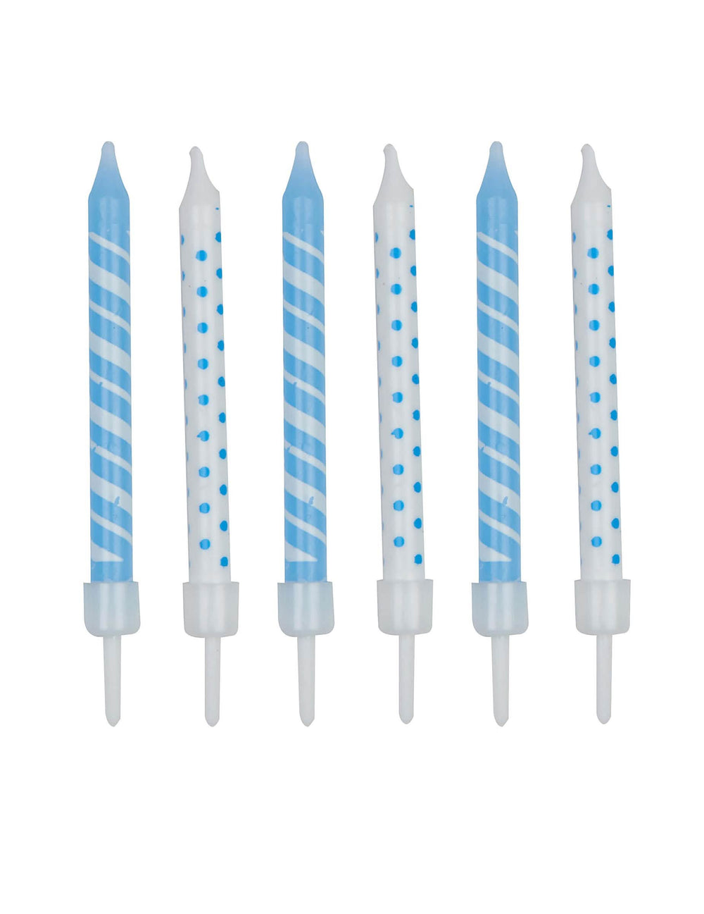 Velas de aniversário às riscas e às bolinhas branco e azul-celeste com suportes em lote de 12