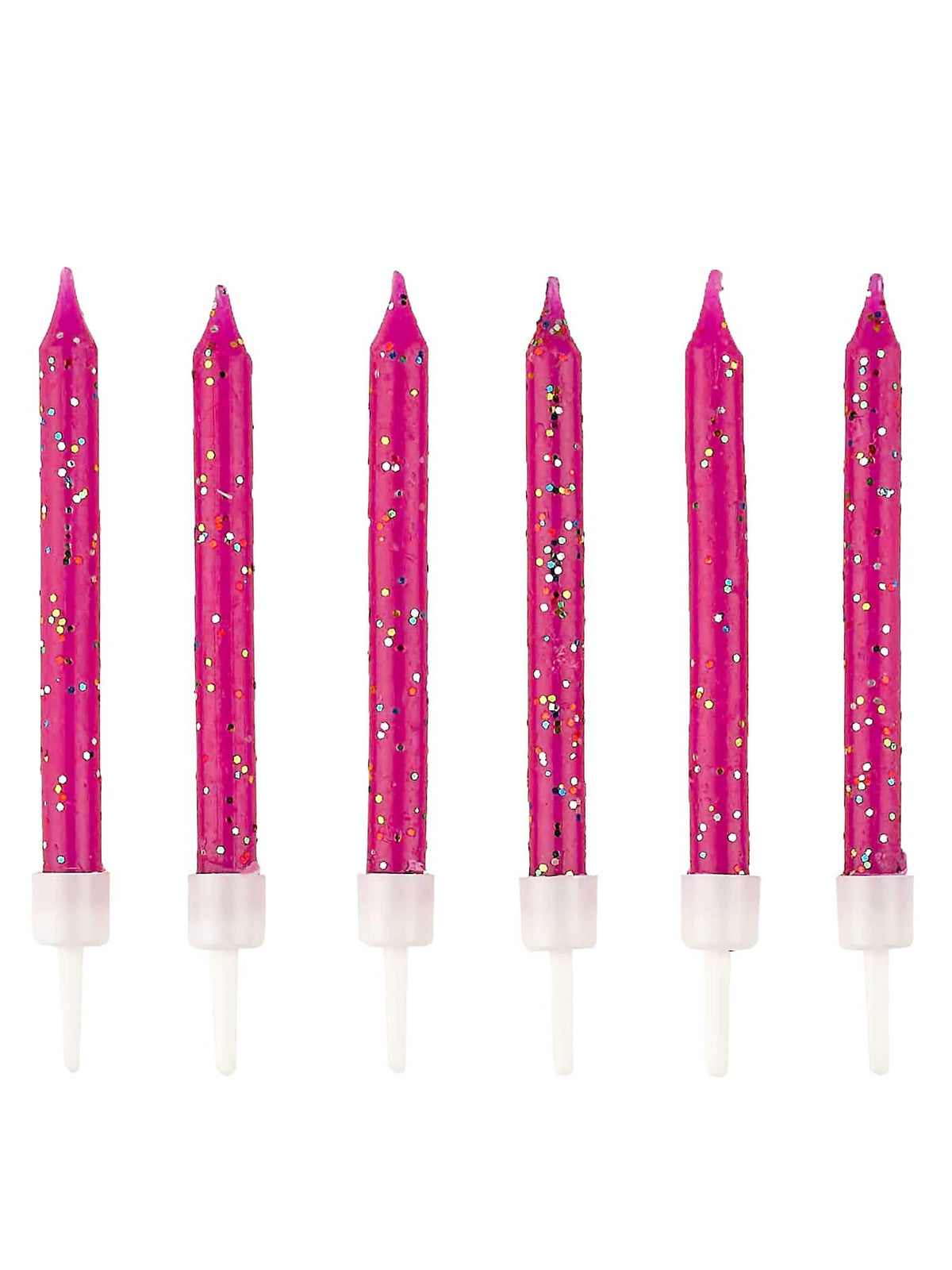 velas de aniversário cor de rosa fúcsia com glitter e bases