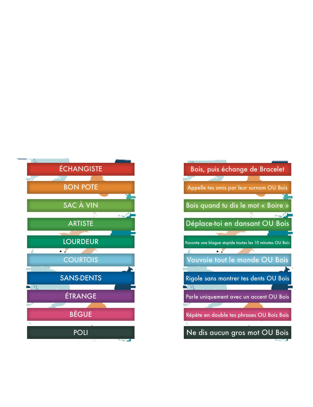 Detalhe dos textos e desafios dos 10 braceletes desafios humorístico para adulto