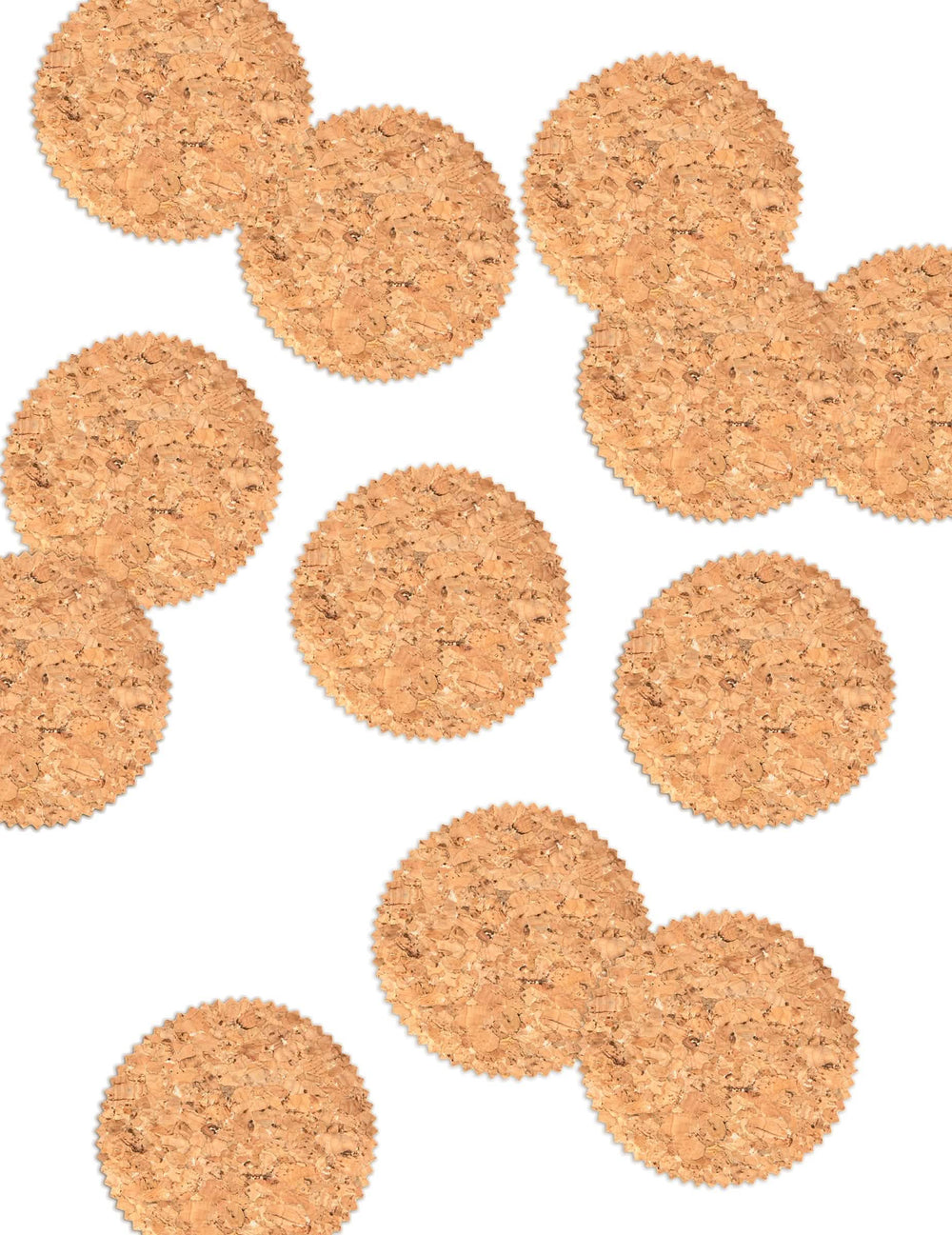 Confettis redondos em cortiça para decoração de mesa com bordas recortadas castanho