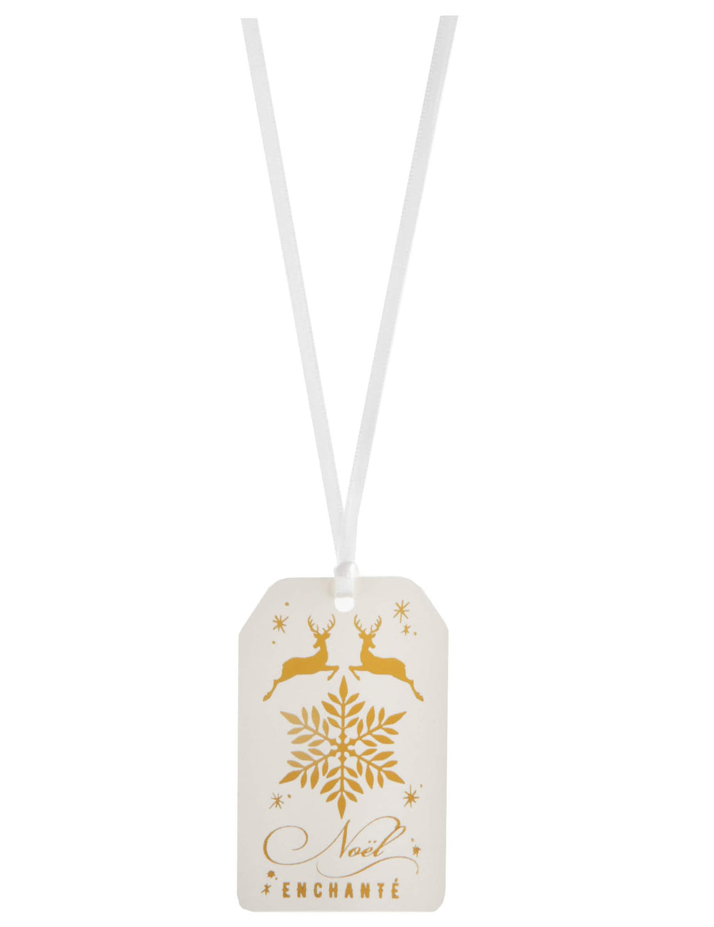 Marcadores de lugares em cartão natal encantado para decoração de mesa branco e dourado com fitas