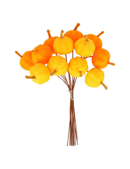 12 Mini abóboras com haste em veludo laranja 13 cm