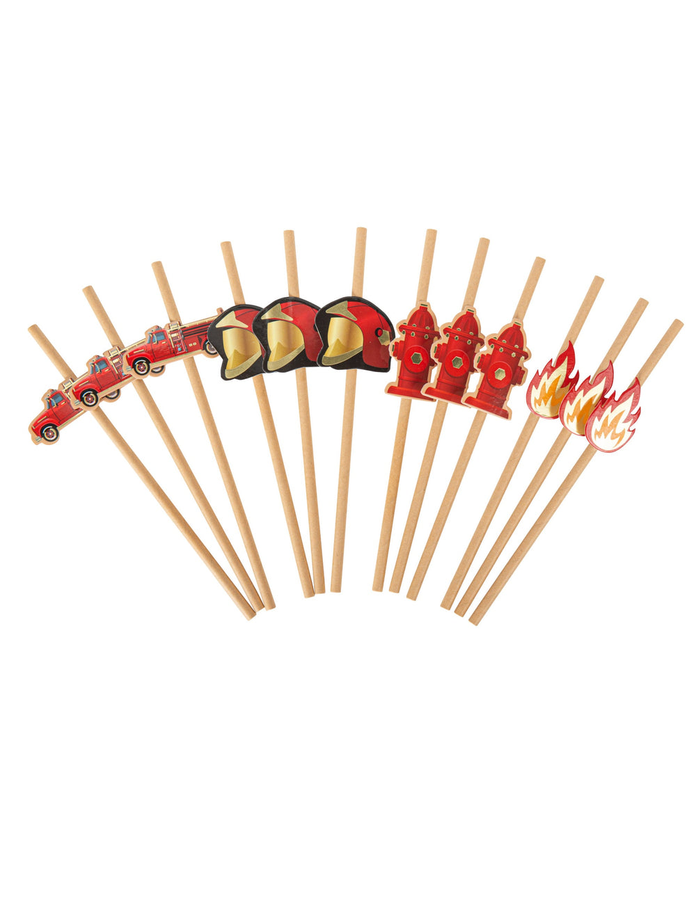 Pailles pompier pour enfant kraft et rouges avec motifs de camion casque et feu
