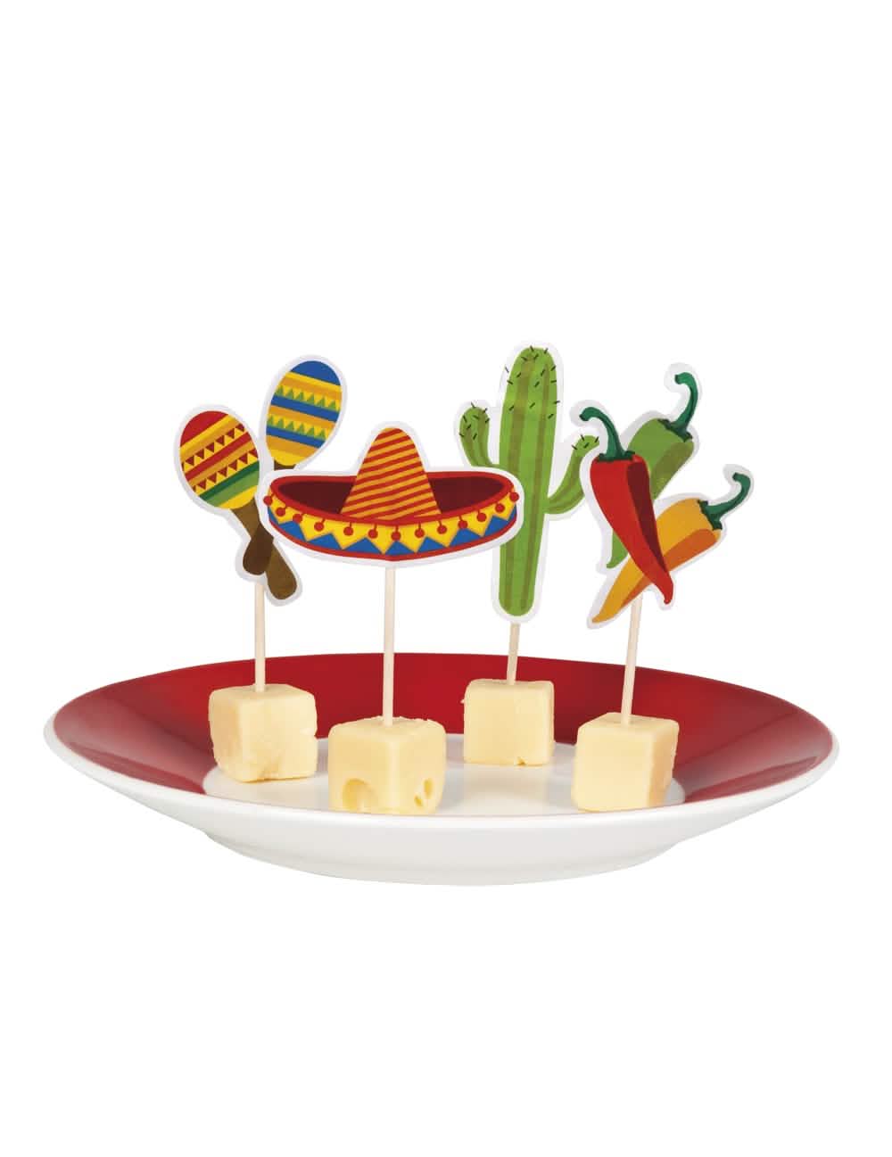 Pics mexicanos para festa multicoloridos com motivos sombrero cactus maracas e pimentos