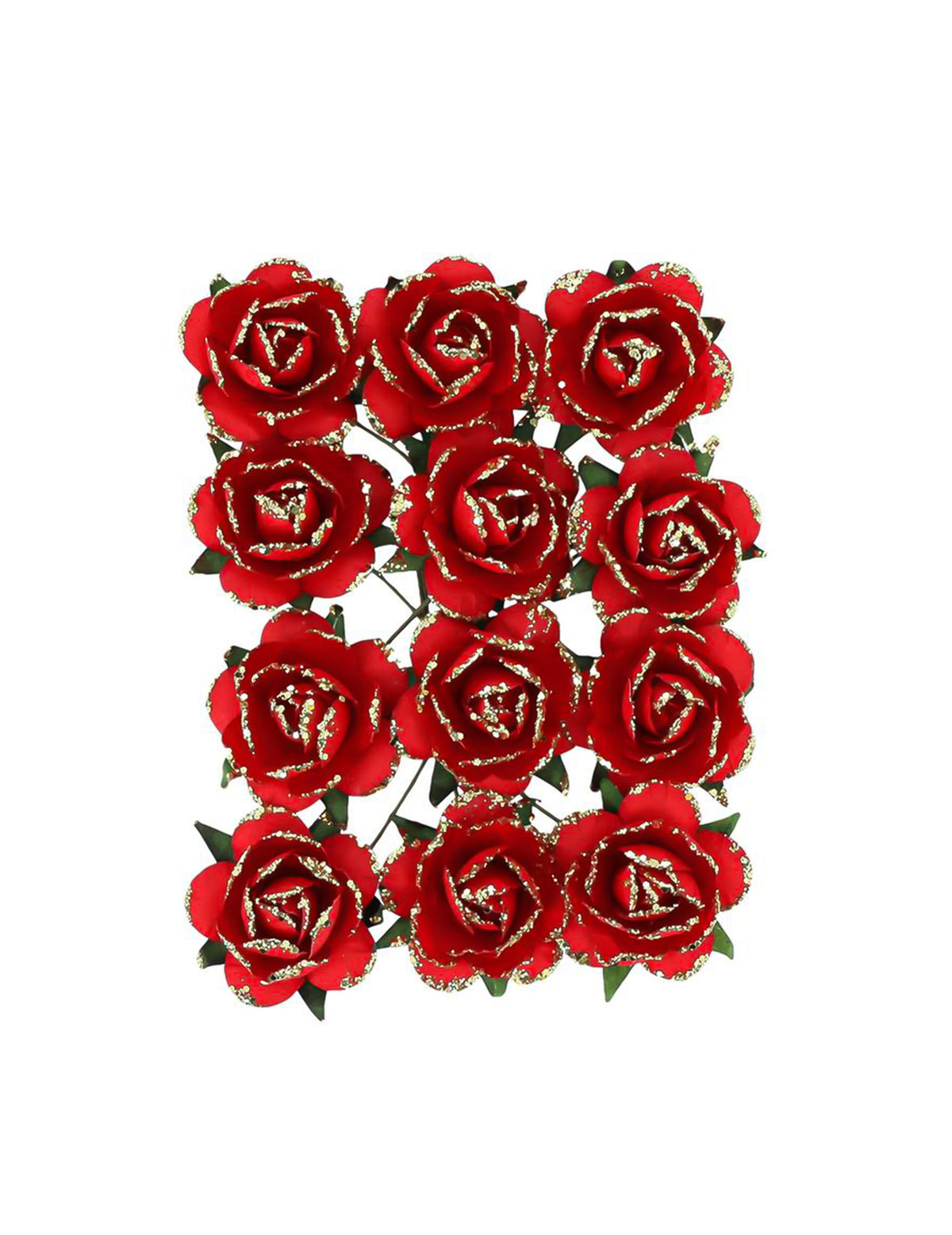 12 rosas de papel com haste vermelho e dourado 3,5 cm