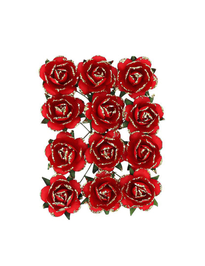 12 rosas de papel com haste vermelho e dourado 3,5 cm