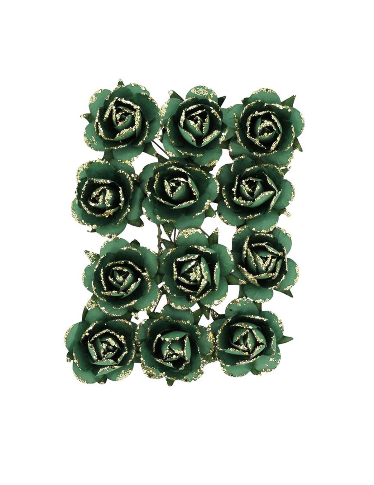 12 rosas de papel com haste verde escuro e dourado 3,5 cm