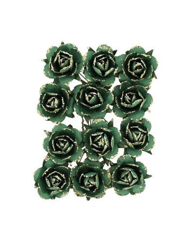 12 rosas de papel com haste verde escuro e dourado 3,5 cm