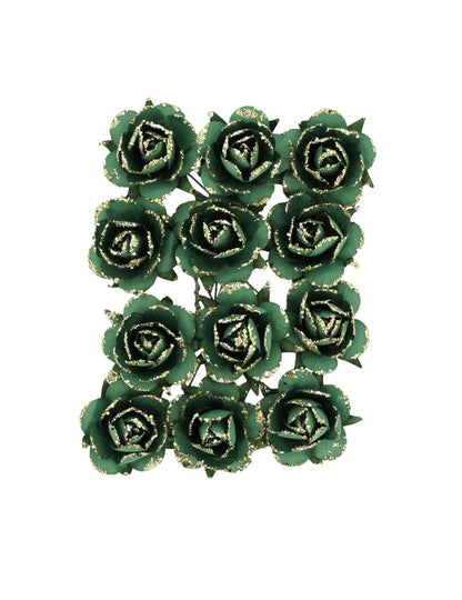 12 rosas de papel com haste verde escuro e dourado 3,5 cm