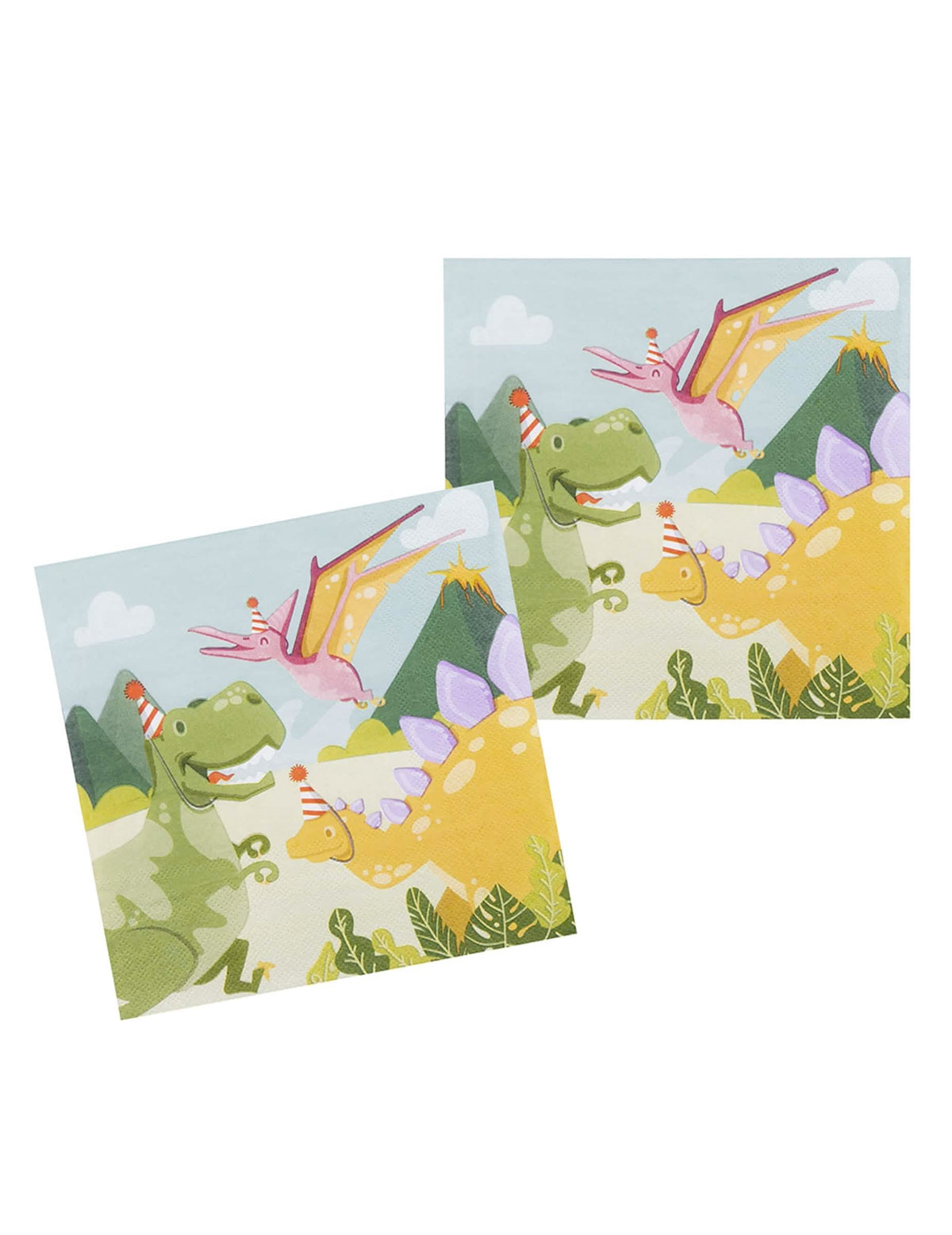 guardanapos Dino Party para criança multicolores com dinossauros e chapéus de festa