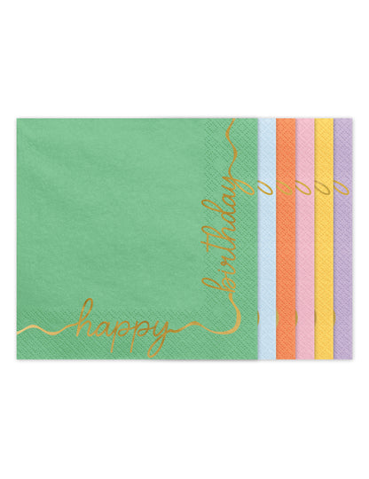 12 Guardanapos de papel Happy Birthday pastel e ouro 33 × 33 cm