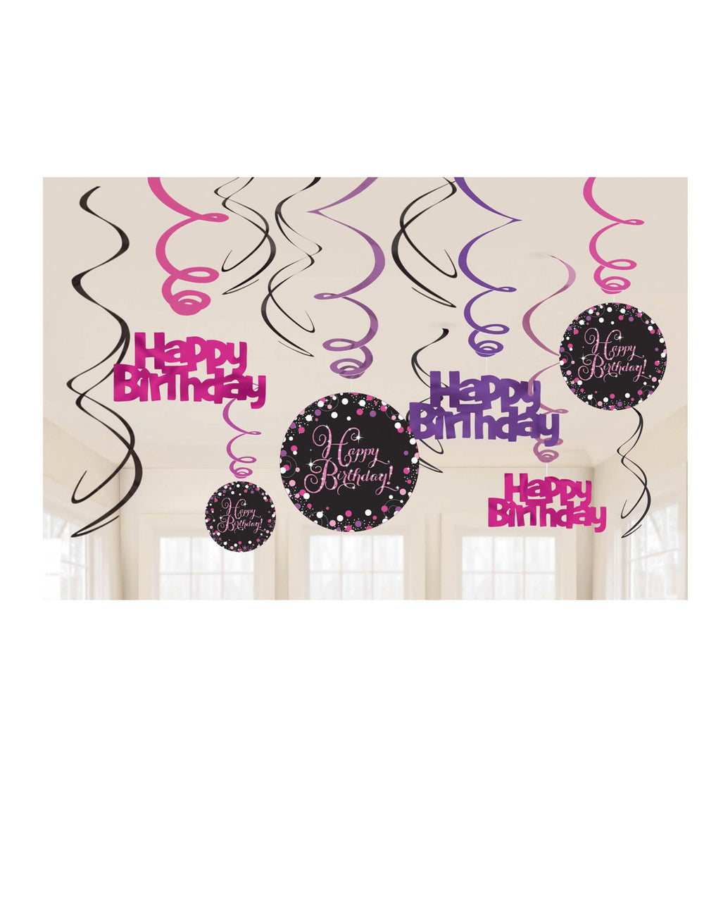Suspensões em espiral Happy Birthday celebração cintilante para aniversário cor de rosa roxo e preto