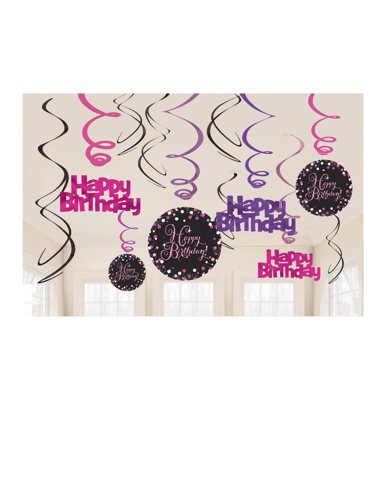 Suspensões em espiral Happy Birthday celebração cintilante para aniversário cor de rosa roxo e preto