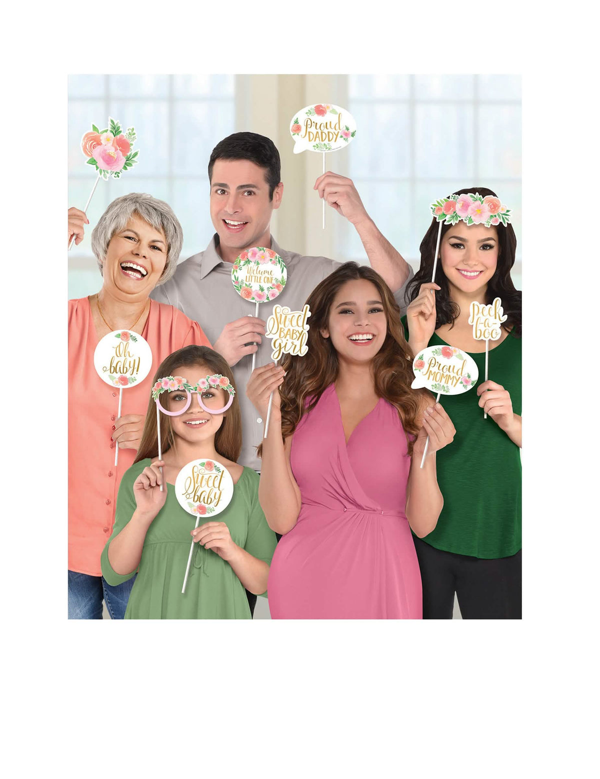 Kit photobooth sweet baby girl para baby shower flores e dourado