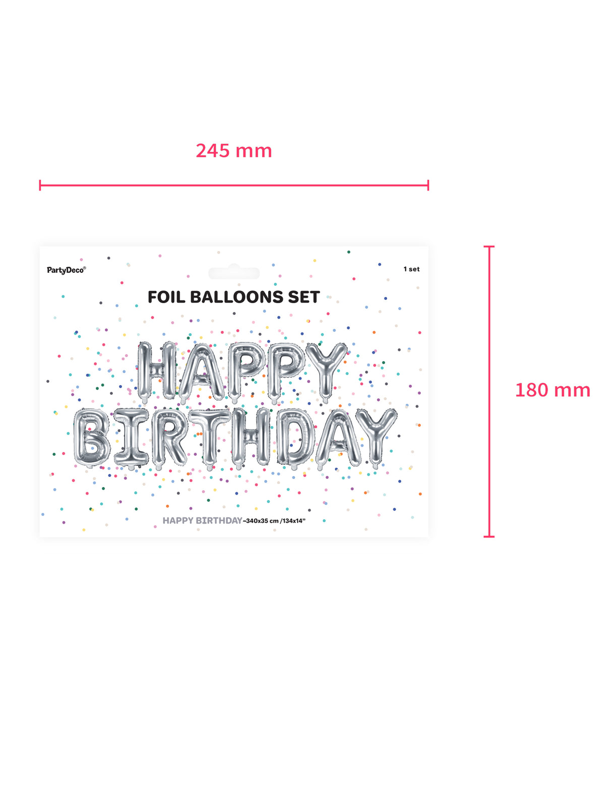 Dimensions du packaging de la guirlande de 13 ballons aluminium lettres Happy Birthday
