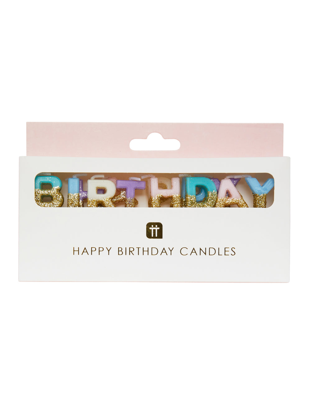 Vue de face de l'emballage des 13 bougies Happy Birthday pour anniversaire
