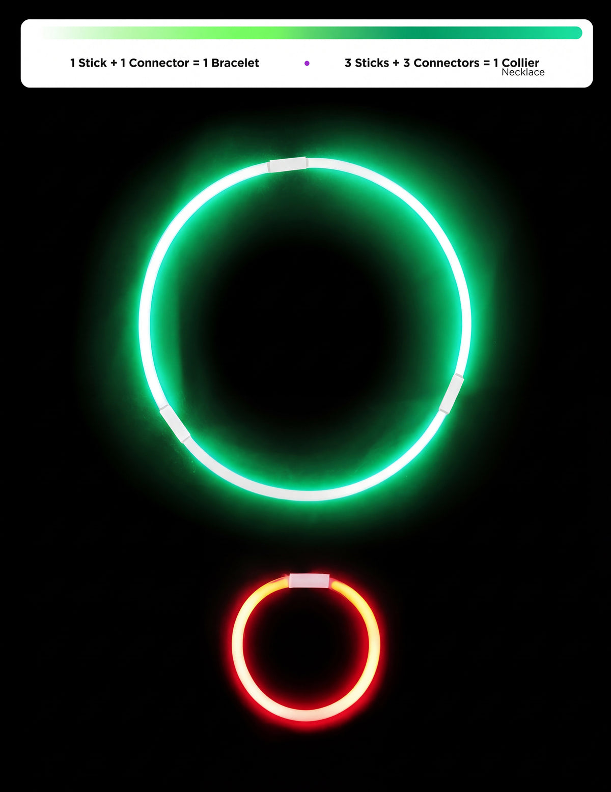 Détail du montage en collier et bracelet des bracelets lumineux fluo pour fête
