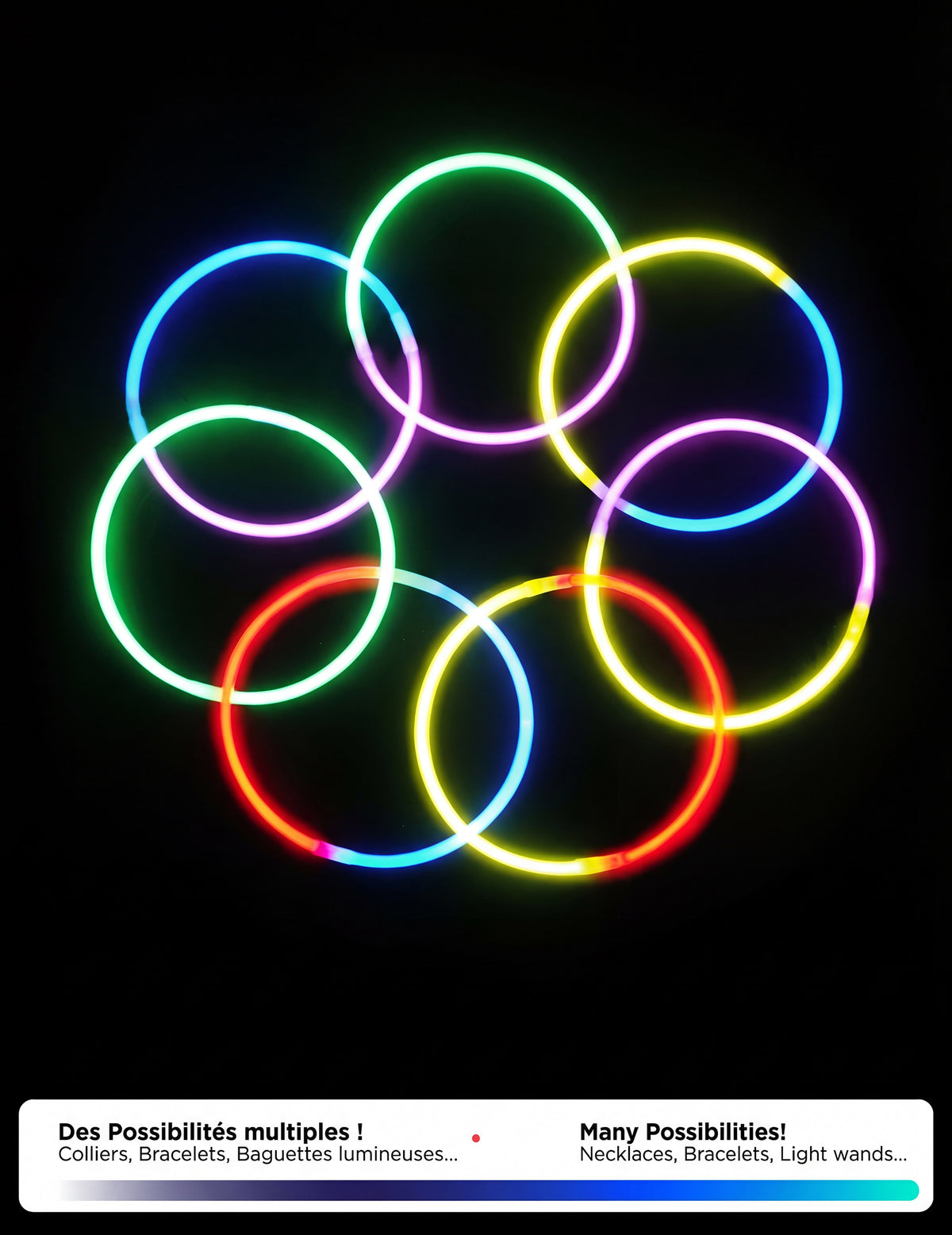 Exemple de montage en cercles multicolores des Bracelets lumineux fluo pour fête