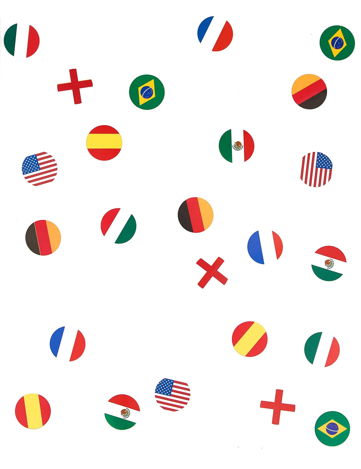 Detalhe dos motivos dos confettis de mesa bandeira multinacional