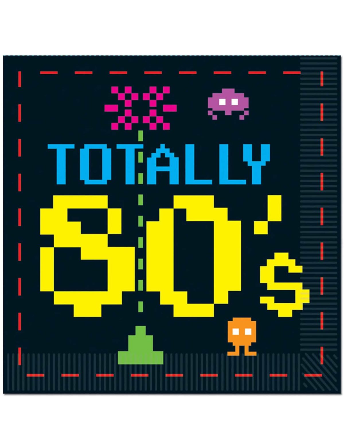 guardanapos anos 80 com motivos de jogos de vídeo para festa pretos em pixel art