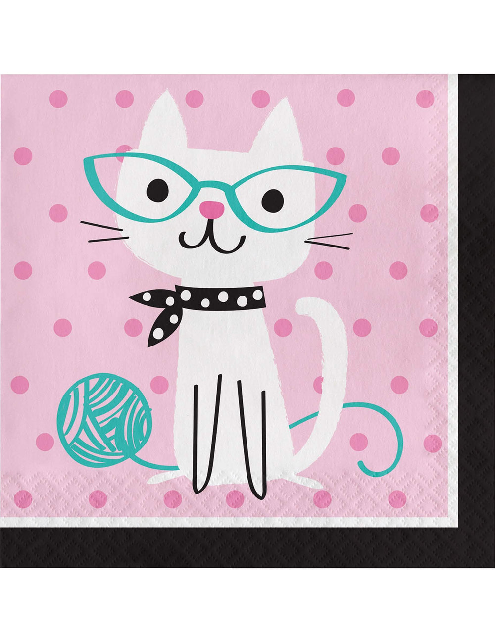 guardanapos gatinho mignon para aniversário cor de rosa com motivo de gato branco com óculos turquesa