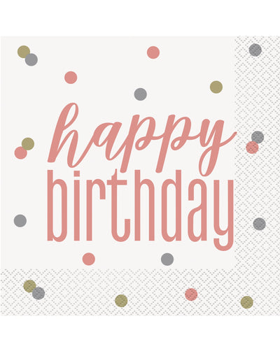 Serviettes en papier Happy Birthday pour anniversaire blanches et rose gold