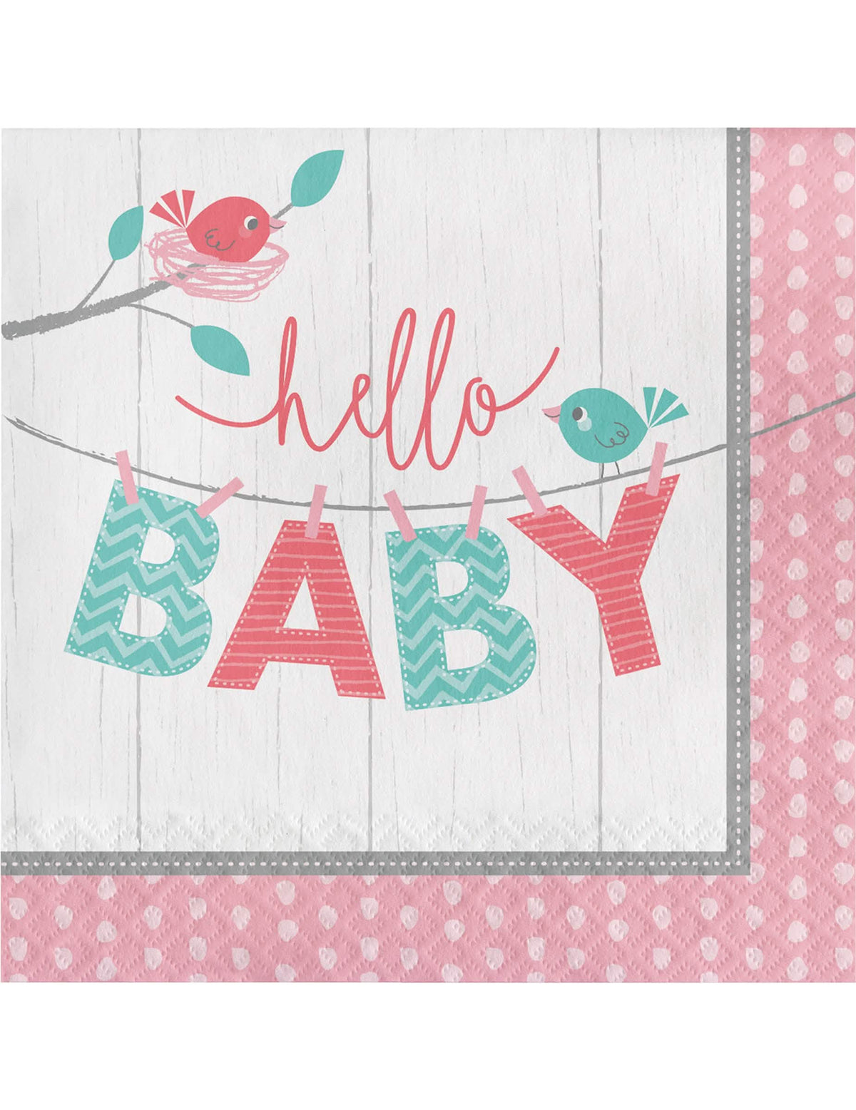 guardanapos Hello Baby para baptismo cor-de-rosa com pássaros e ninho