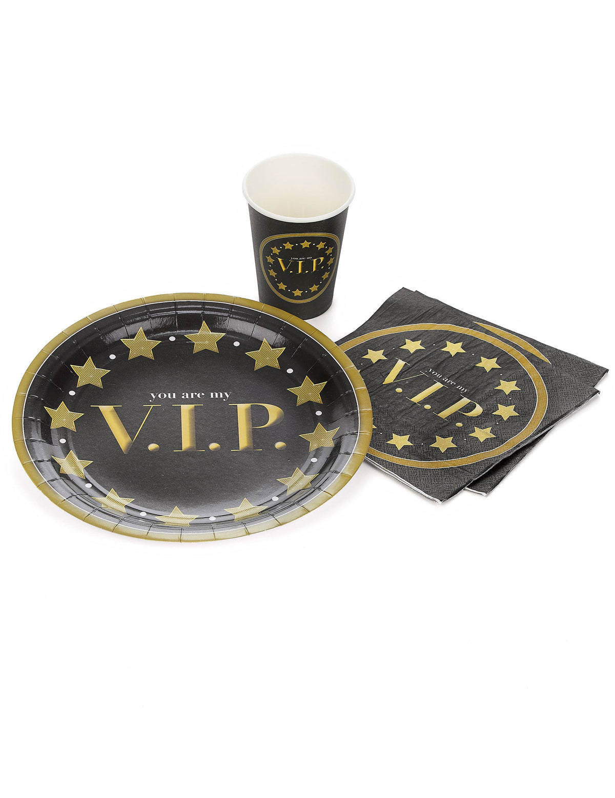 Vue d'ensemble avec assiette et gobelet assortis des serviettes en papier You are my VIP