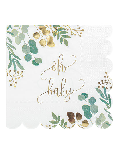 Serviettes en papier Oh Baby Eucalyptus pour baby shower avec dorure et bords festonnés