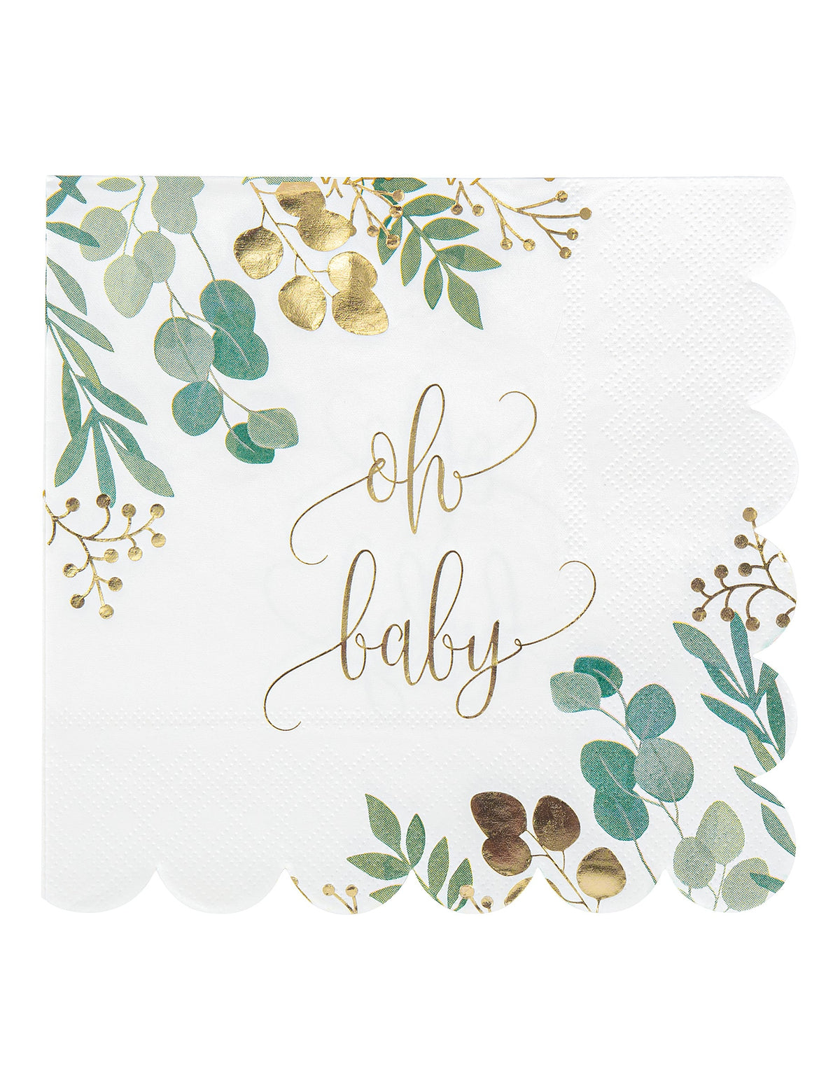 Serviettes en papier Oh Baby Eucalyptus pour baby shower avec dorure et bords festonnés