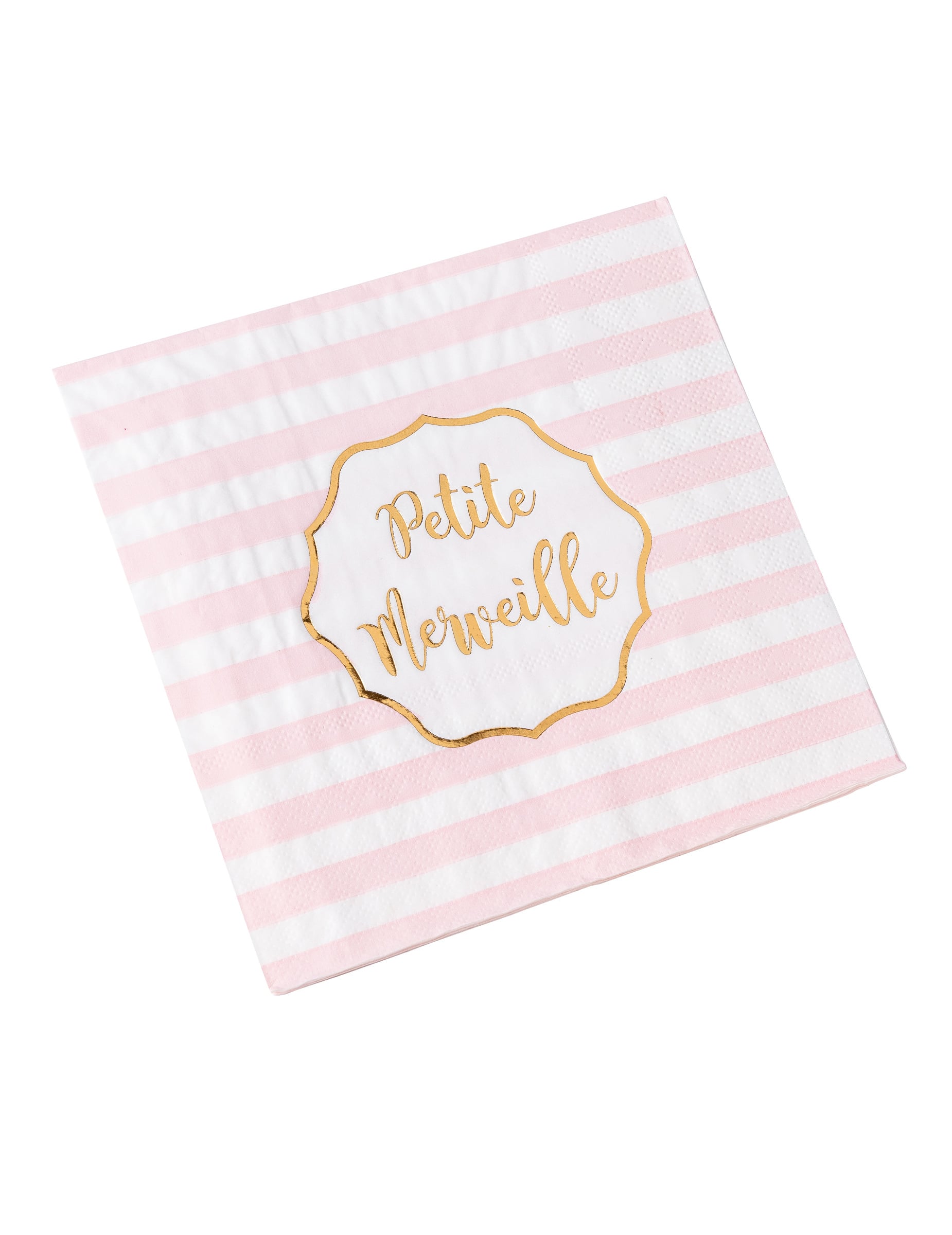 Serviettes en papier Petite Merveille pour fête rayées roses et dorées