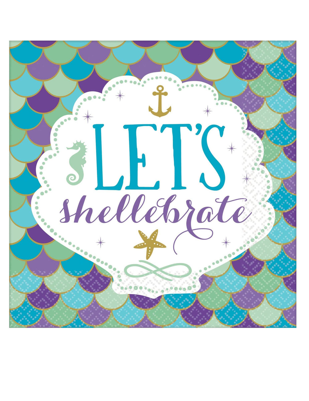 guardanapos sonhos de sereias para aniversário com motivos de escamas azuis e violetas Let's Shellebrate