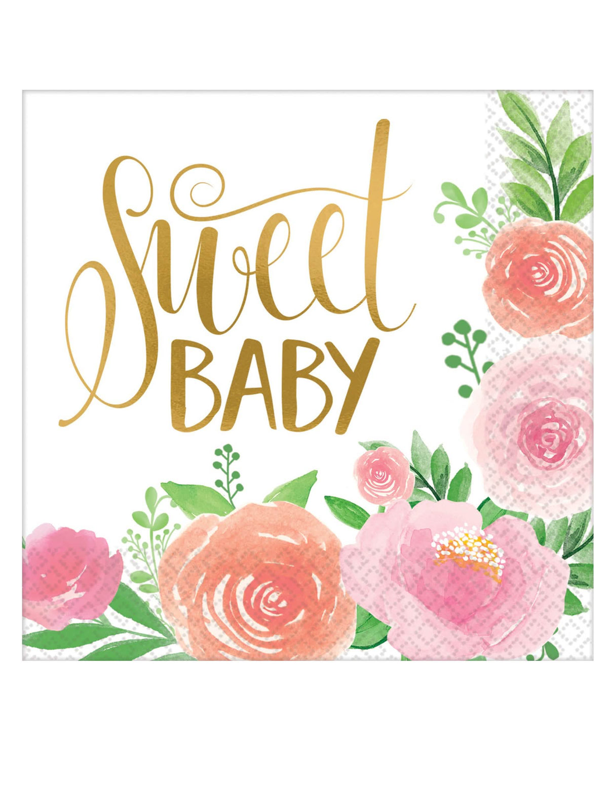 guardanapos Sweet Baby para menina brancos com flores cor-de-rosa e douradas