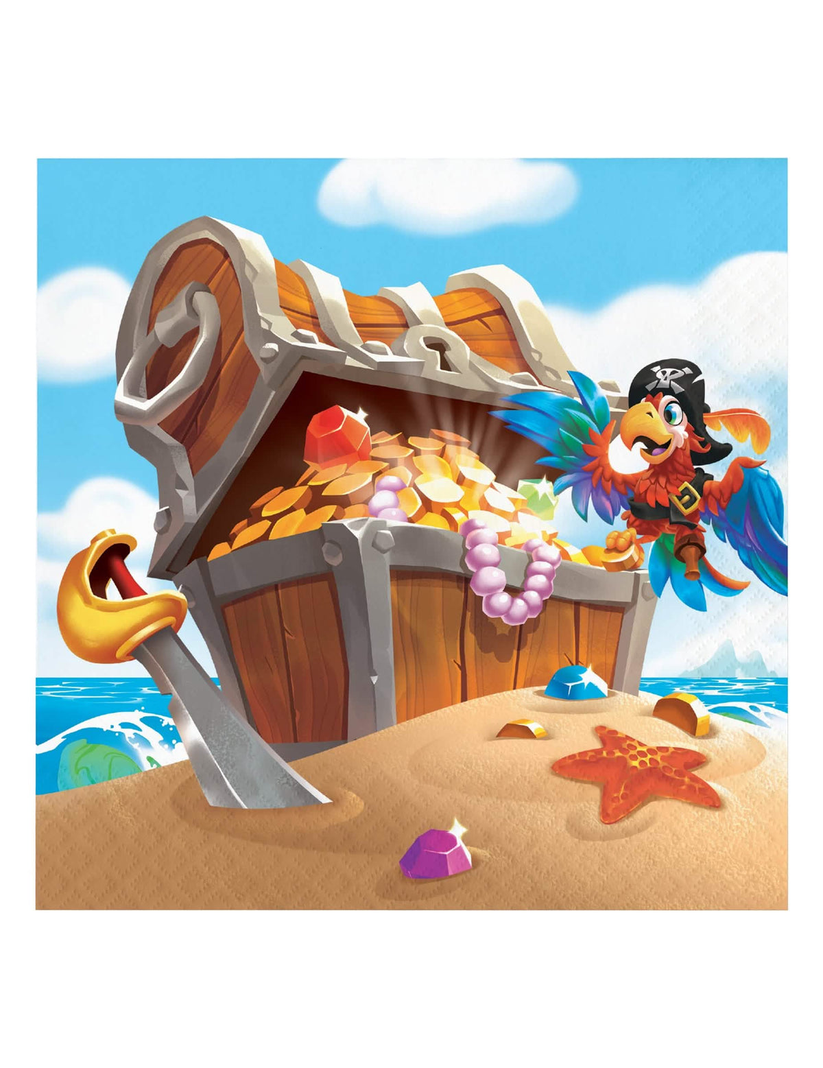 guardanapos tesouro de pirata para aniversário com ilustração de baú e papagaio multicores