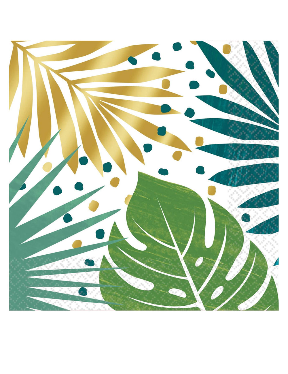 guardanapos tropicais chiques para festa com folhas verdes e douradas