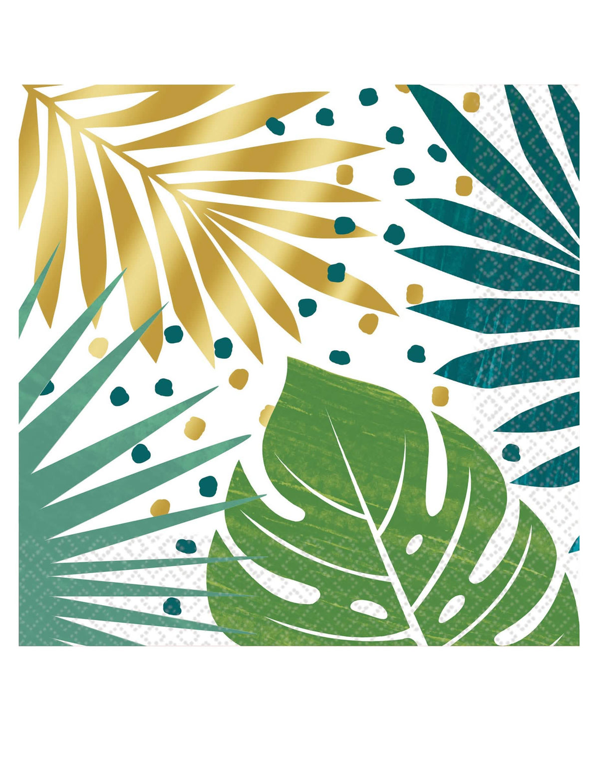guardanapos tropicais chiques para festa com folhas verdes e douradas