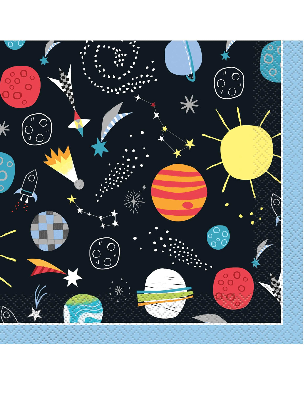 guardanapos universos pretos com motivos de planetas e foguetes