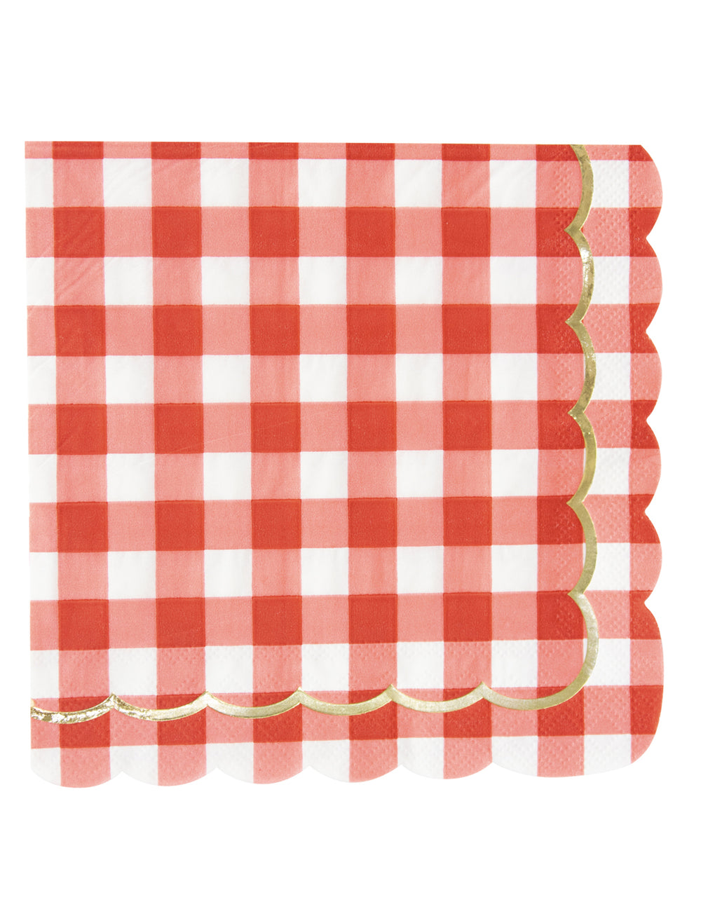 Serviettes festonnées en papier vichy rouge et blanc avec liseré doré