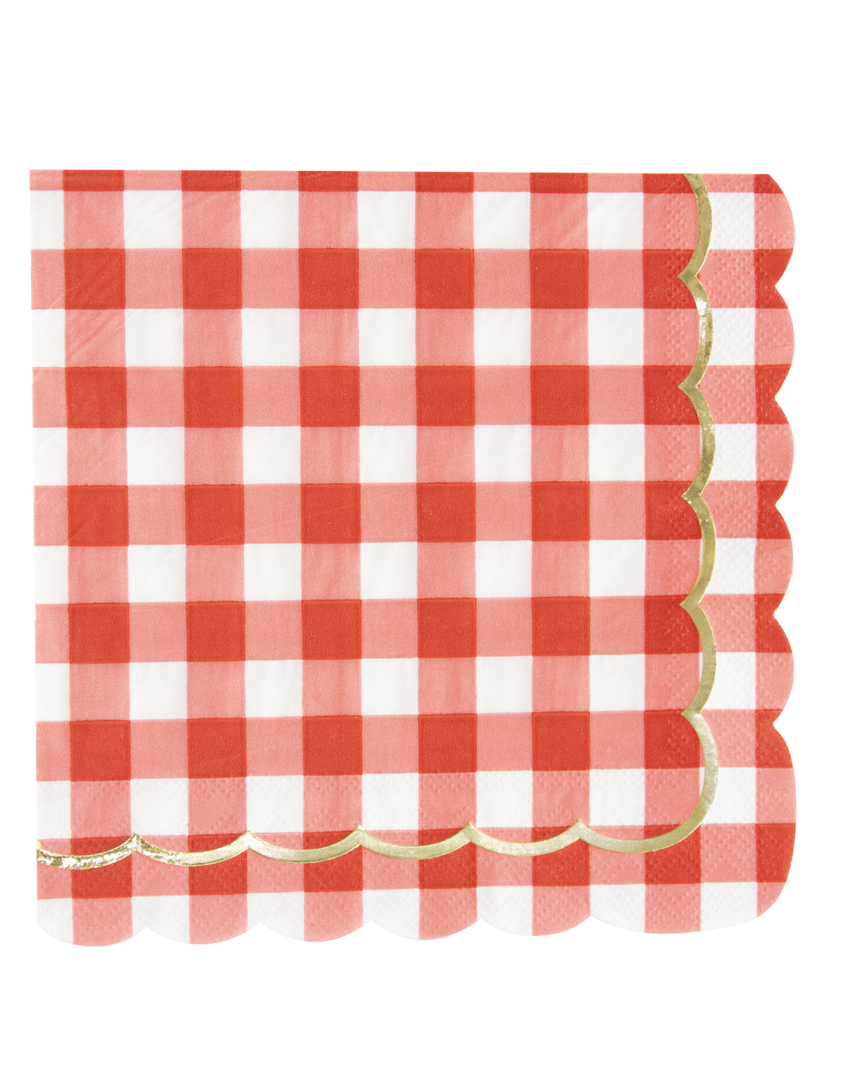 Serviettes festonnées en papier vichy rouge et blanc avec liseré doré