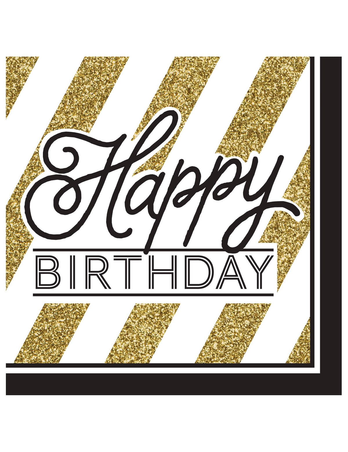 guardanapos Happy Birthday para aniversário pretos e dourados às riscas com brilho