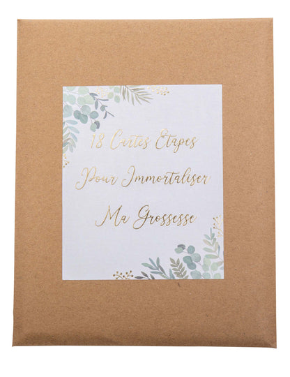 18 cartes étapes de grossesse oh baby pour femme enceinte en pochette liège à motifs eucalyptus