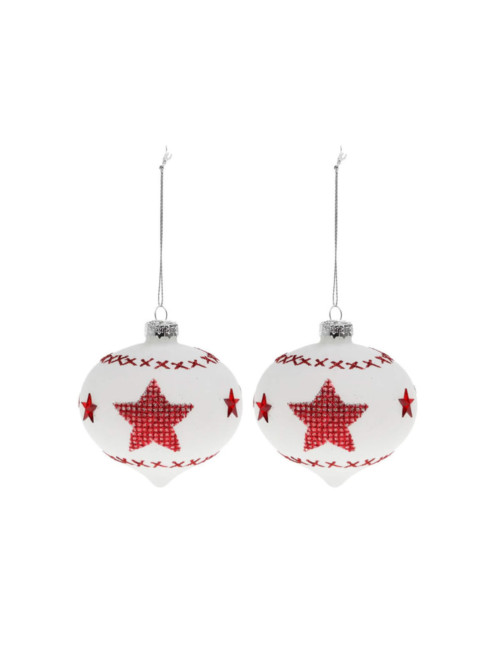 2 bolas de vidro brancas com estrelas vermelhas