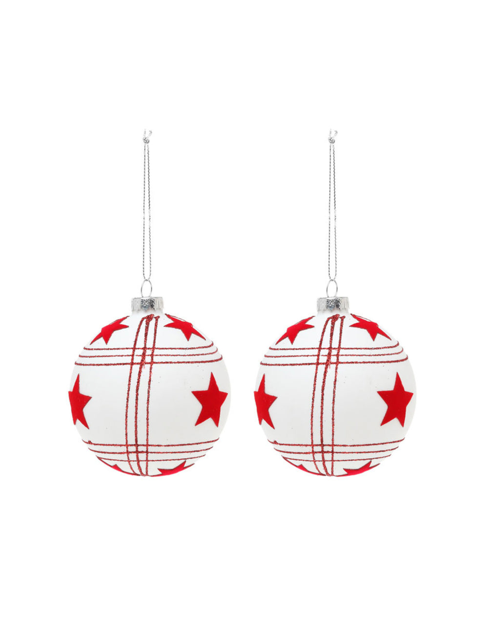 2 boules en verre de Noël avec étoiles rouges pour sapin blanches à motifs quadrillés