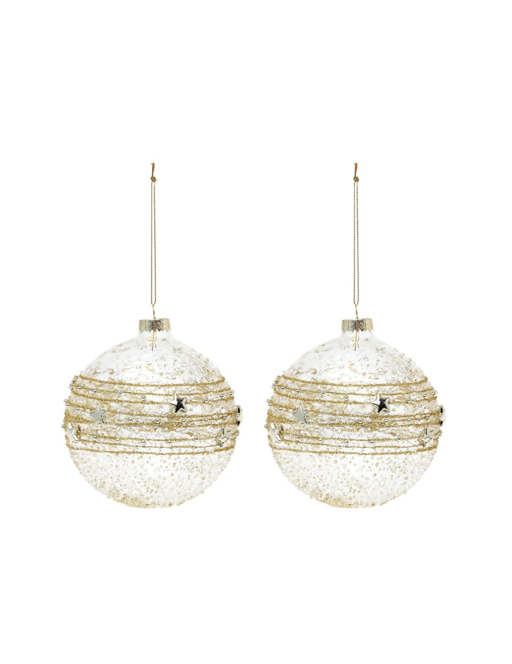 Boules en verre décoration de Noël doré avec fils scintillants et petites étoiles